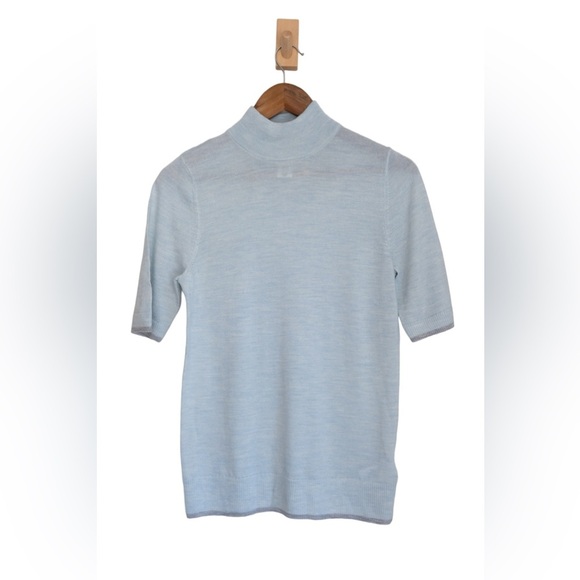 100% Merino Wool Light Blue Mock Neck Short Sleeve Sweater - Picture 1 of 8